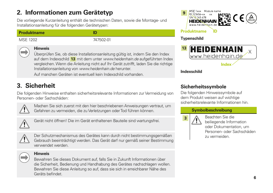 Informationen zum gerätetyp, Sicherheit, Informationen zum gerätetyp sicherheit | HEIDENHAIN MSE 1202 User Manual | Page 6 / 176