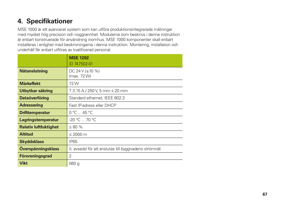Specifikationer | HEIDENHAIN MSE 1202 User Manual | Page 67 / 176