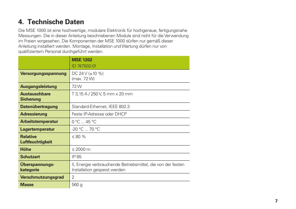 Technische daten | HEIDENHAIN MSE 1202 User Manual | Page 7 / 176