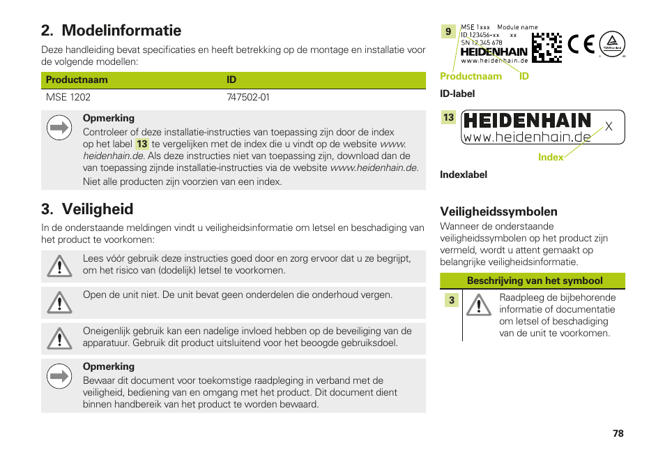 Modelinformatie, Veiligheid, Modelinformatie veiligheid | HEIDENHAIN MSE 1202 User Manual | Page 78 / 176