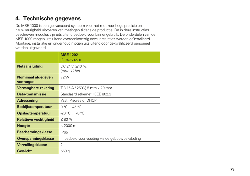 Technische gegevens | HEIDENHAIN MSE 1202 User Manual | Page 79 / 176