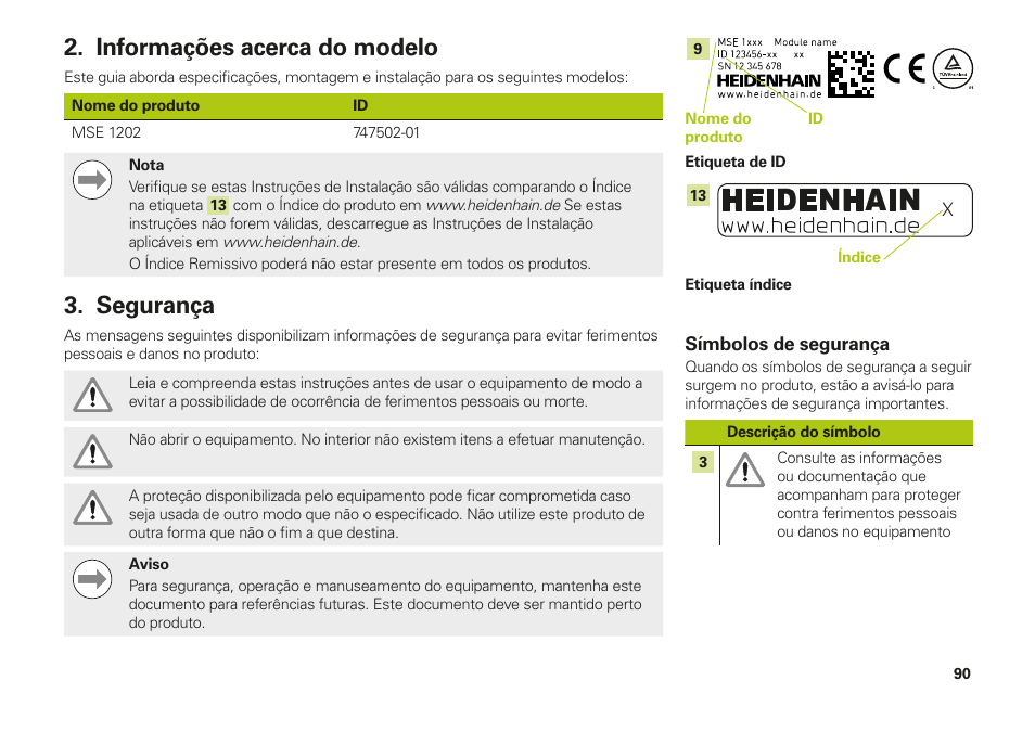 Informações acerca do modelo, Segurança, Informações acerca do modelo segurança | HEIDENHAIN MSE 1202 User Manual | Page 90 / 176
