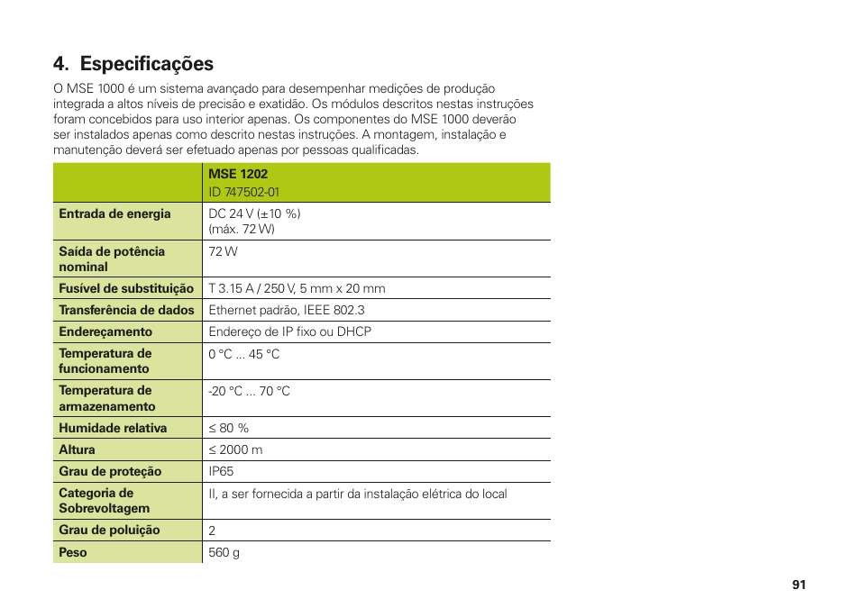 Especificações | HEIDENHAIN MSE 1202 User Manual | Page 91 / 176