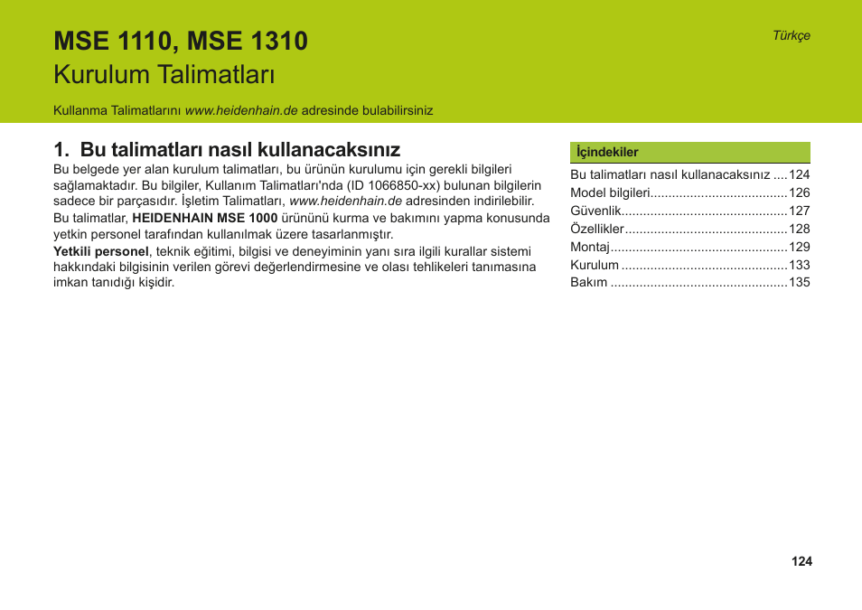 Türkçe, Bu talimatları nasıl kullanacaksınız | HEIDENHAIN MSE 1110 User Manual | Page 124 / 176
