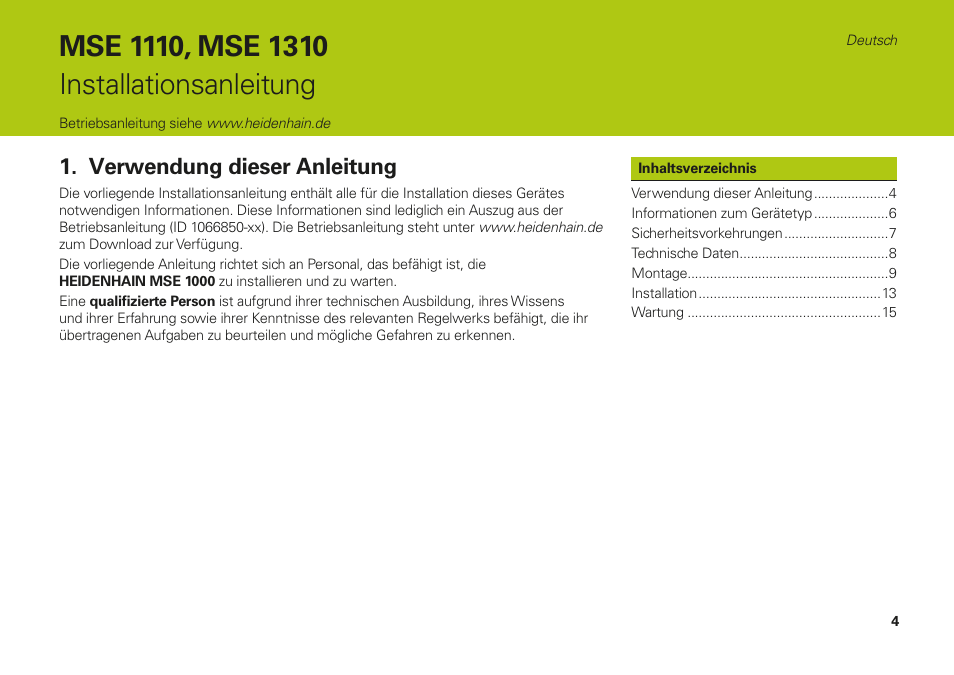 Deutsch, Verwendung dieser anleitung | HEIDENHAIN MSE 1110 User Manual | Page 4 / 176