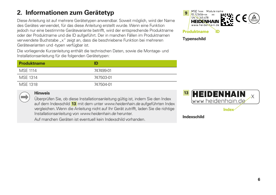 Informationen zum gerätetyp | HEIDENHAIN MSE 1110 User Manual | Page 6 / 176
