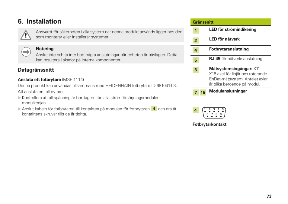Installation | HEIDENHAIN MSE 1110 User Manual | Page 73 / 176