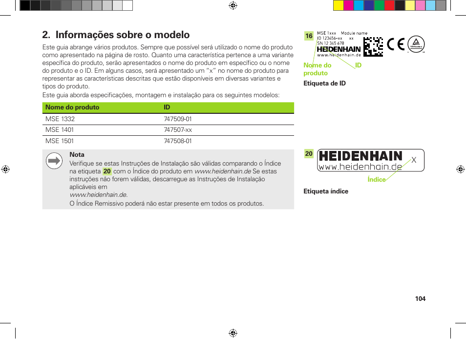 Informações sobre o modelo | HEIDENHAIN MSE 1300 User Manual | Page 104 / 206