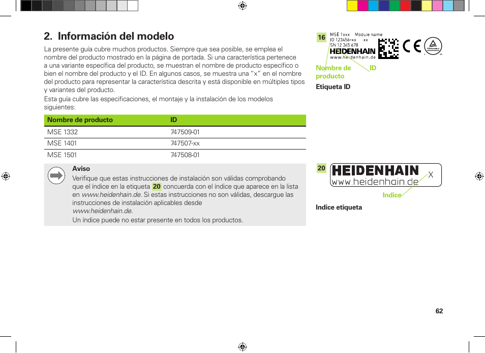 Información del modelo | HEIDENHAIN MSE 1300 User Manual | Page 62 / 206