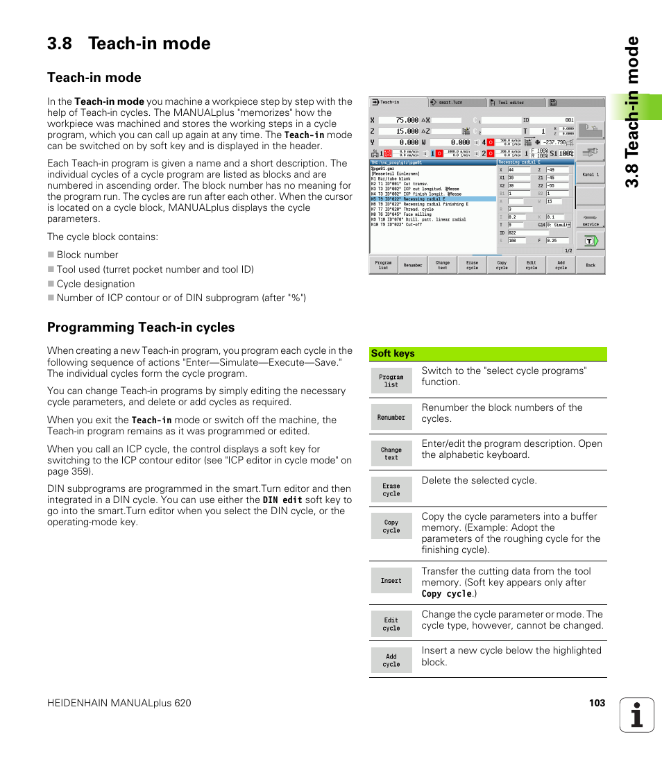 8 teach-in mode, Teach-in mode, Programming teach-in cycles | 8 t e ac h-in mode 3.8 teach-in mode | HEIDENHAIN SW 548328-05 User Manual | Page 103 / 599