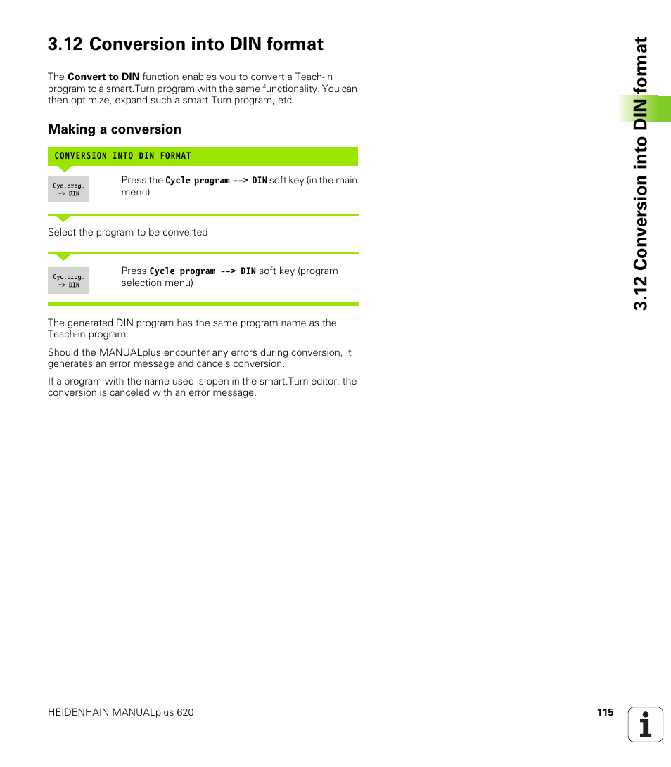 12 conversion into din format, Making a conversion | HEIDENHAIN SW 548328-05 User Manual | Page 115 / 599