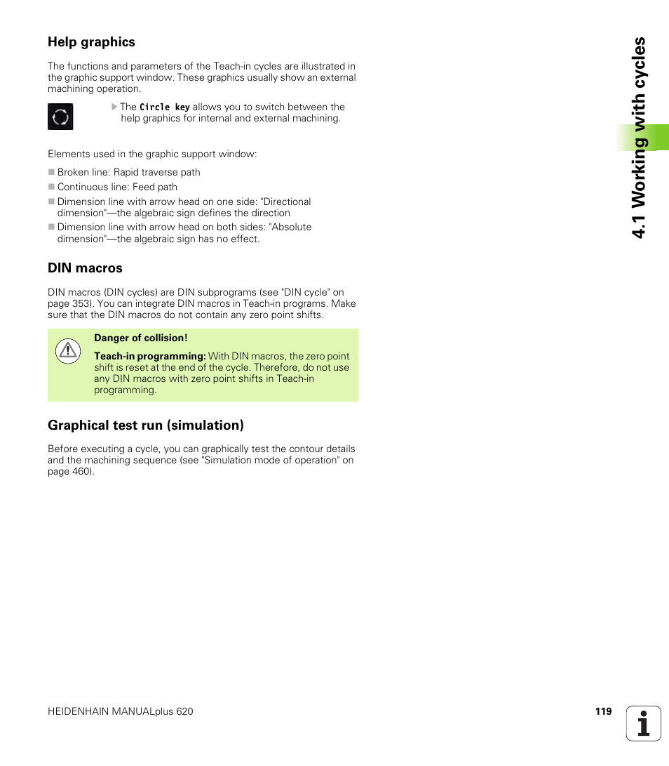 Help graphics, Din macros, Graphical test run (simulation) | 1 w o rk ing with cy cles | HEIDENHAIN SW 548328-05 User Manual | Page 119 / 599