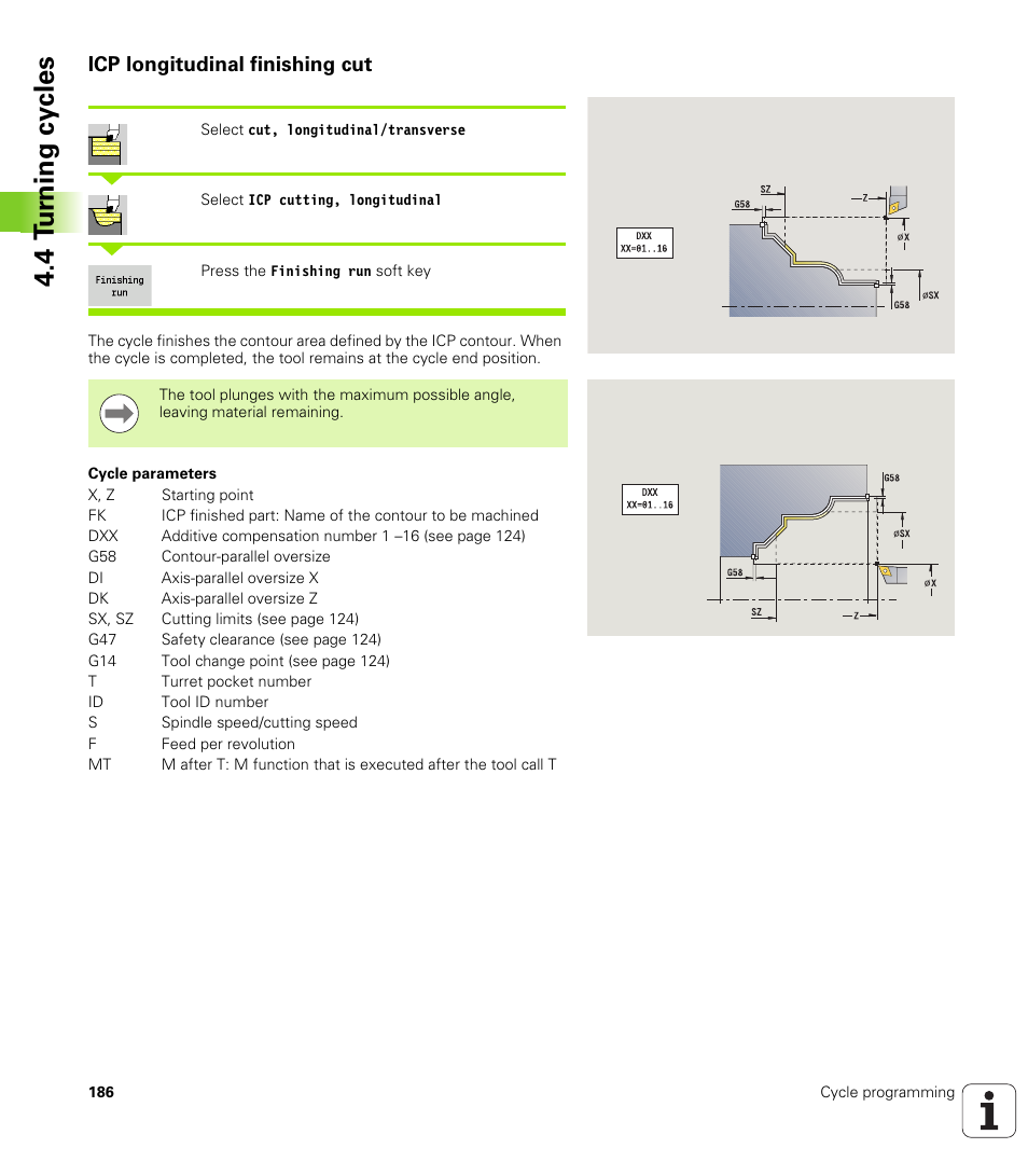 Icp longitudinal finishing cut, 4 t u rn ing cy cles | HEIDENHAIN SW 548328-05 User Manual | Page 186 / 599