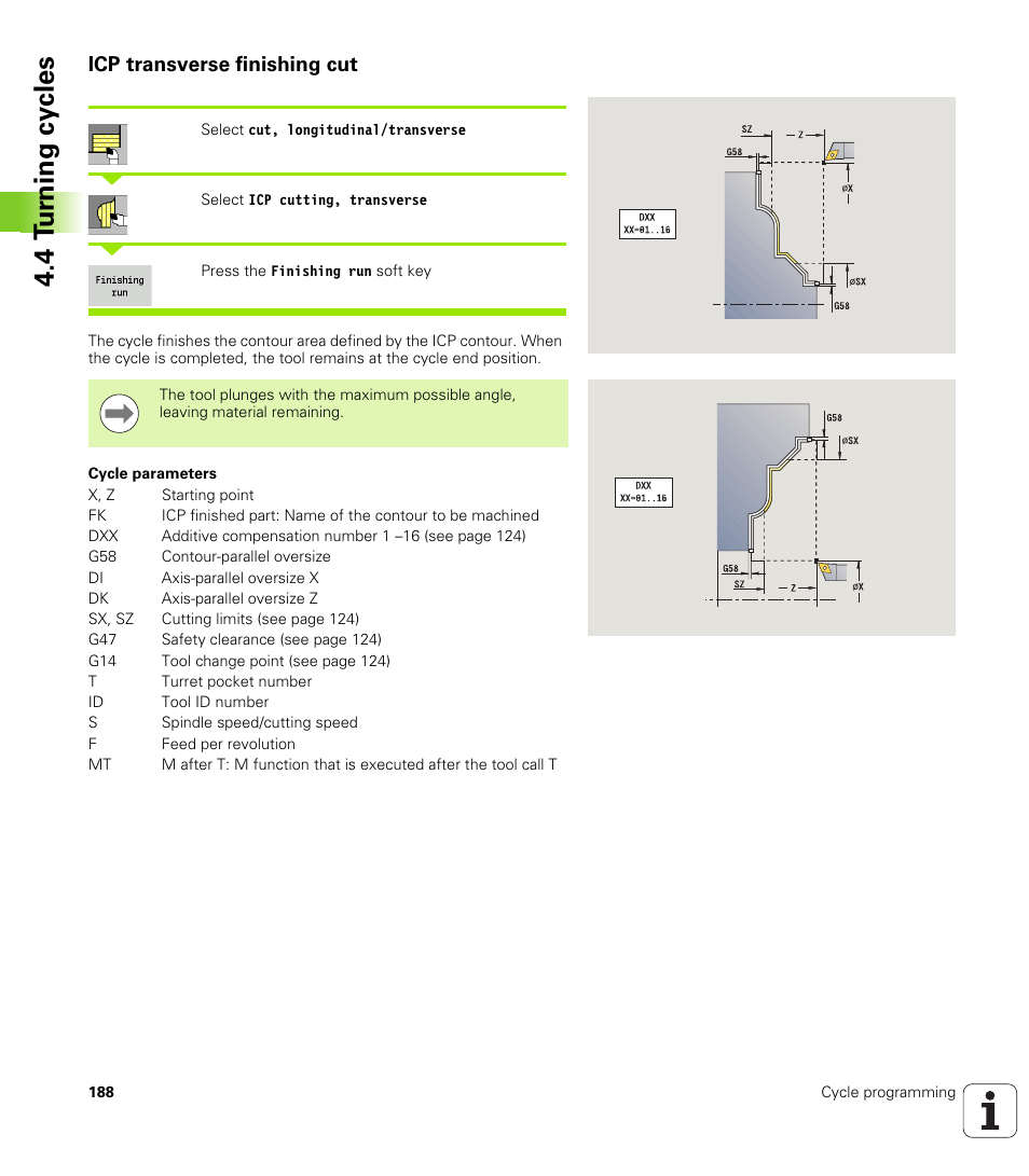 Icp transverse finishing cut, 4 t u rn ing cy cles | HEIDENHAIN SW 548328-05 User Manual | Page 188 / 599
