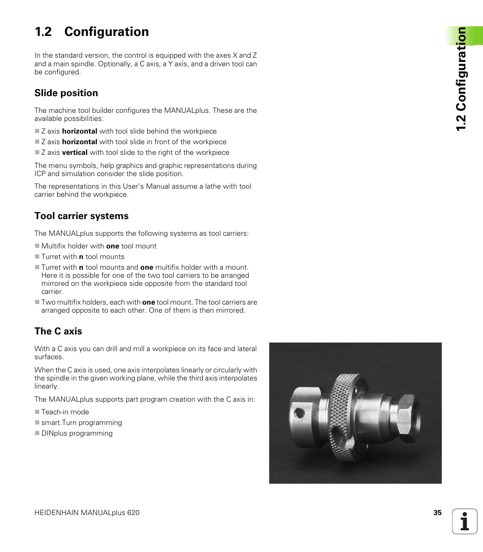 2 configuration, Slide position, Tool carrier systems | The c axis, 2 configur ation 1.2 configuration | HEIDENHAIN SW 548328-05 User Manual | Page 35 / 599