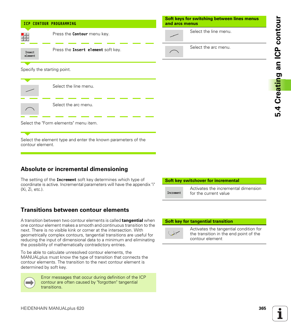 Absolute or incremental dimensioning, Transitions between contour elements, 4 cr eating an icp cont our | HEIDENHAIN SW 548328-05 User Manual | Page 365 / 599