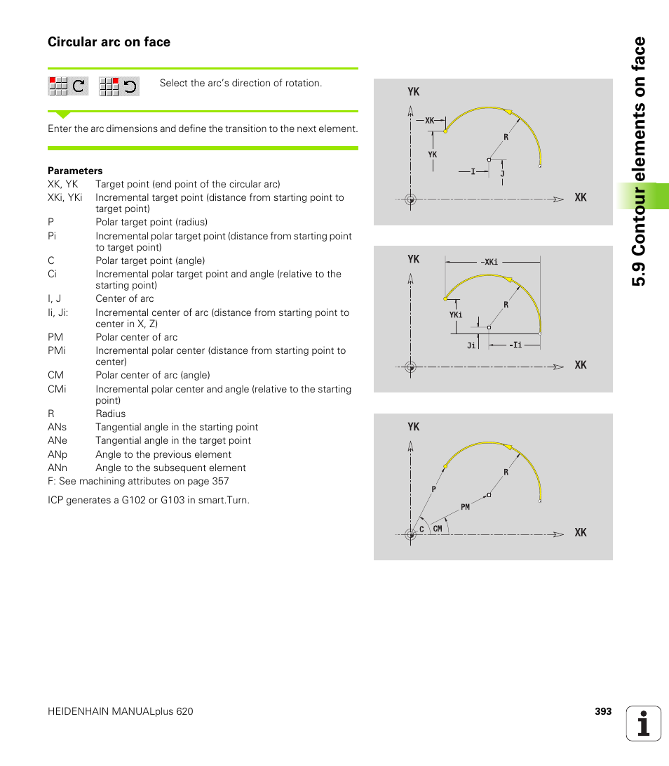 Circular arc on face, 9 cont our elements on f a ce | HEIDENHAIN SW 548328-05 User Manual | Page 393 / 599