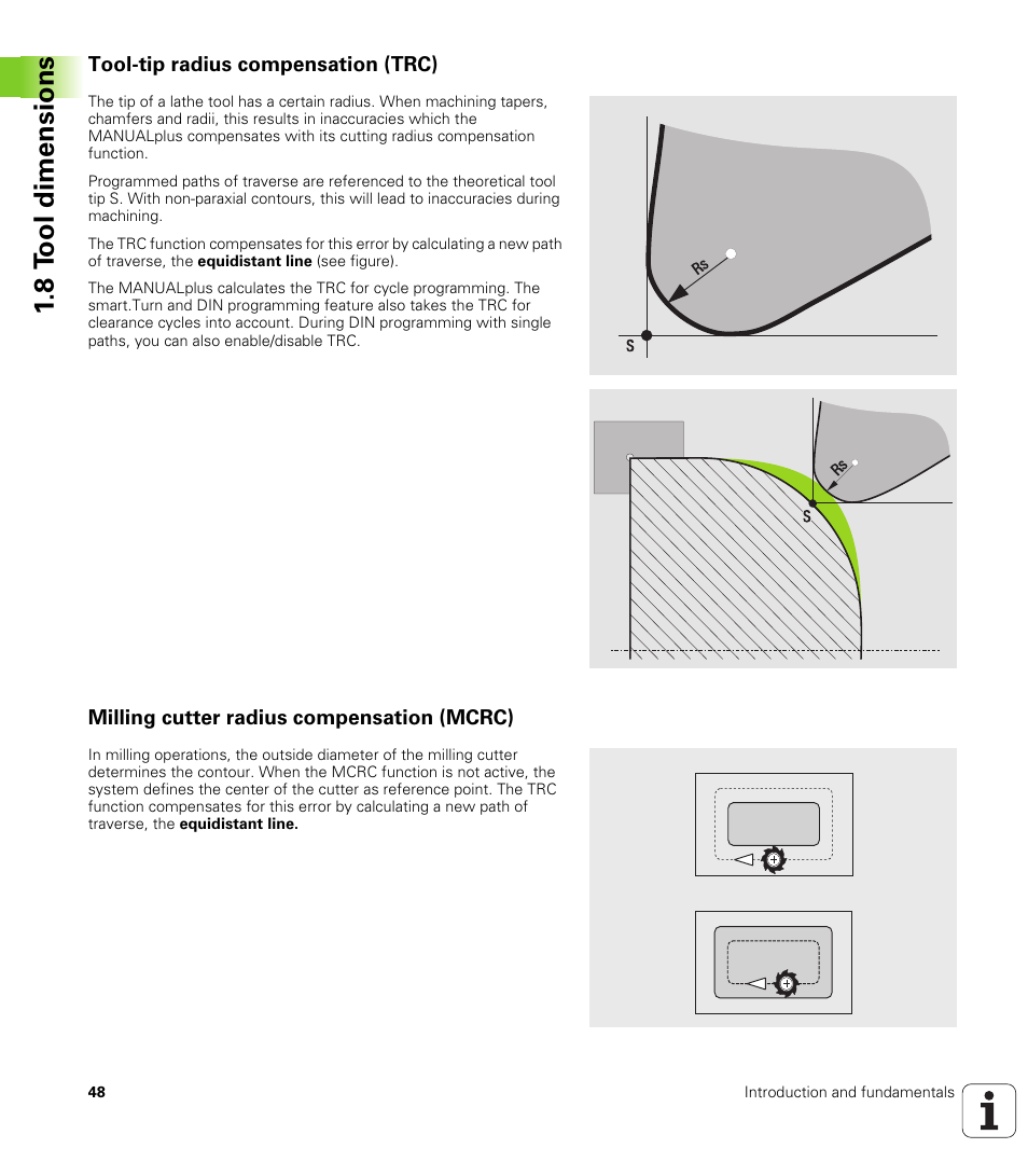 Tool-tip radius compensation (trc), Milling cutter radius compensation (mcrc), 8 t ool dimensions | HEIDENHAIN SW 548328-05 User Manual | Page 48 / 599