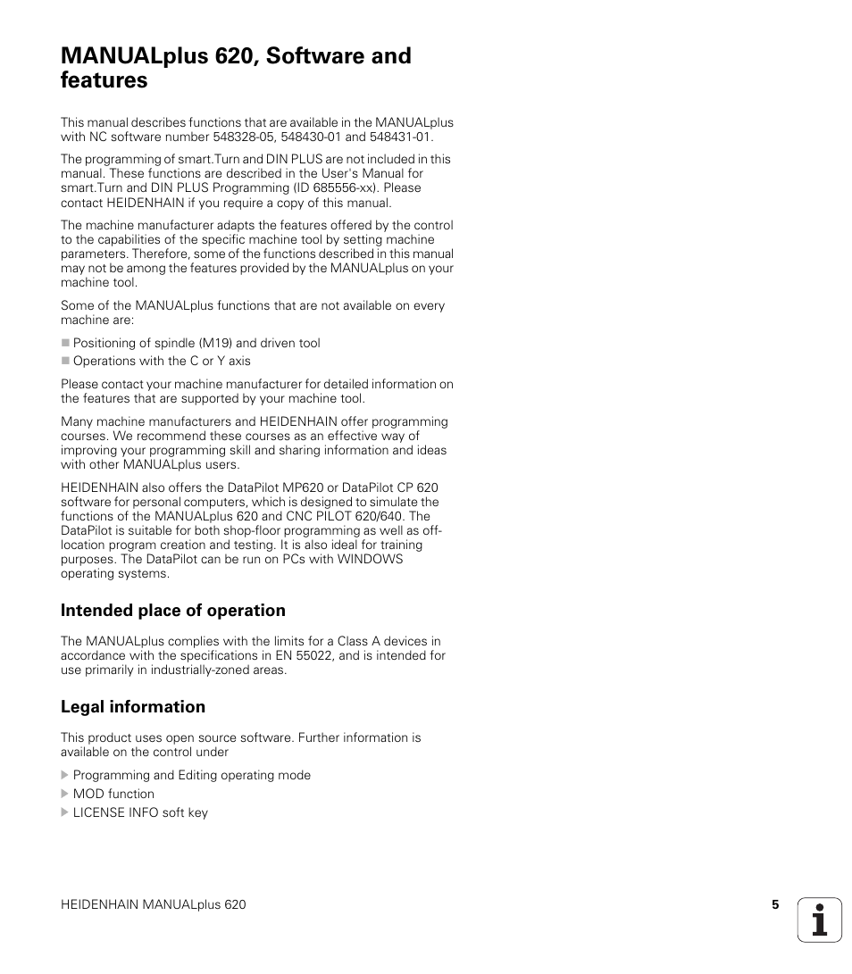 Manualplus 620, software and features, Intended place of operation, Legal information | HEIDENHAIN SW 548328-05 User Manual | Page 5 / 599