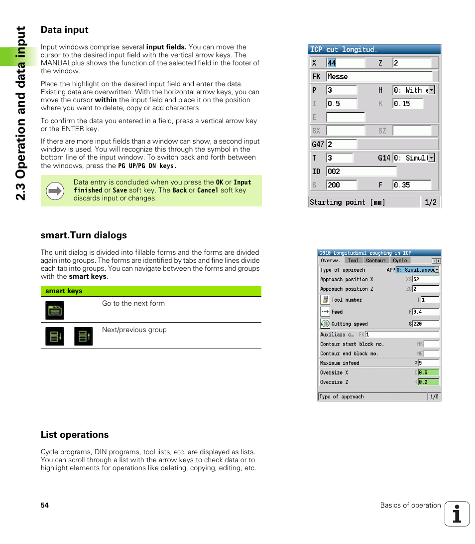 Data input, Smart.turn dialogs, List operations | 3 oper ation and data input | HEIDENHAIN SW 548328-05 User Manual | Page 54 / 599