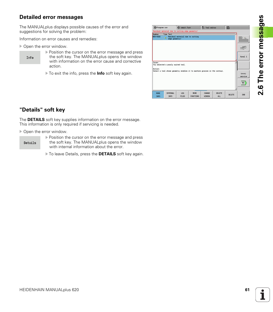 Detailed error messages, Details" soft key, 6 the er ro r messag es | HEIDENHAIN SW 548328-05 User Manual | Page 61 / 599