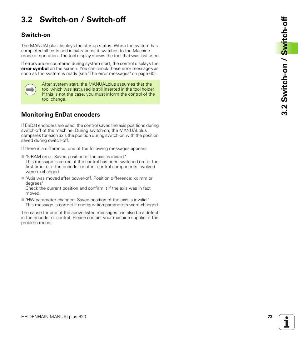 2 switch-on / switch-off, Switch-on, Monitoring endat encoders | HEIDENHAIN SW 548328-05 User Manual | Page 73 / 599