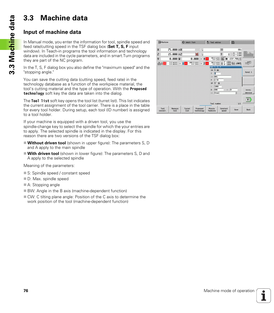 3 machine data, Input of machine data, 3 mac h ine data 3.3 machine data | HEIDENHAIN SW 548328-05 User Manual | Page 76 / 599