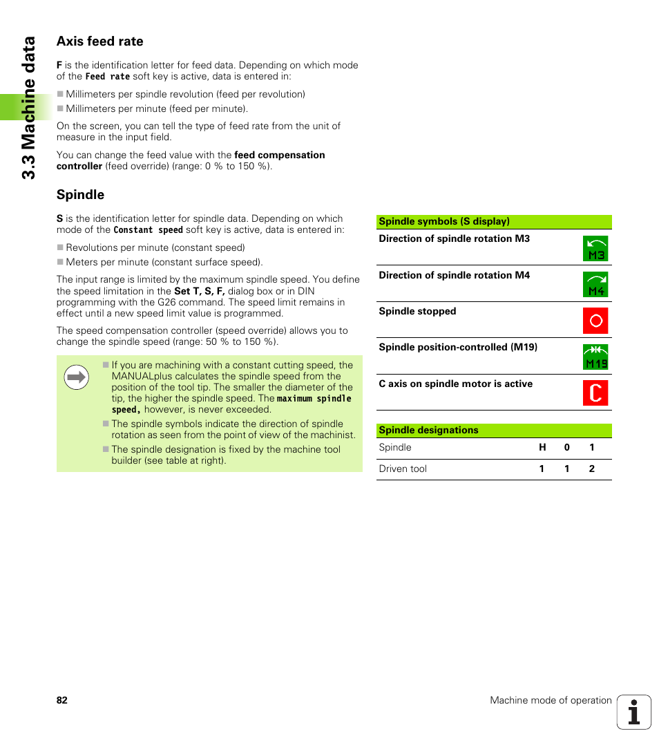 Axis feed rate, Spindle, 3 mac h ine data | HEIDENHAIN SW 548328-05 User Manual | Page 82 / 599