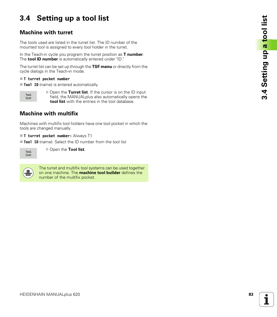 4 setting up a tool list, Machine with turret, Machine with multifix | HEIDENHAIN SW 548328-05 User Manual | Page 83 / 599