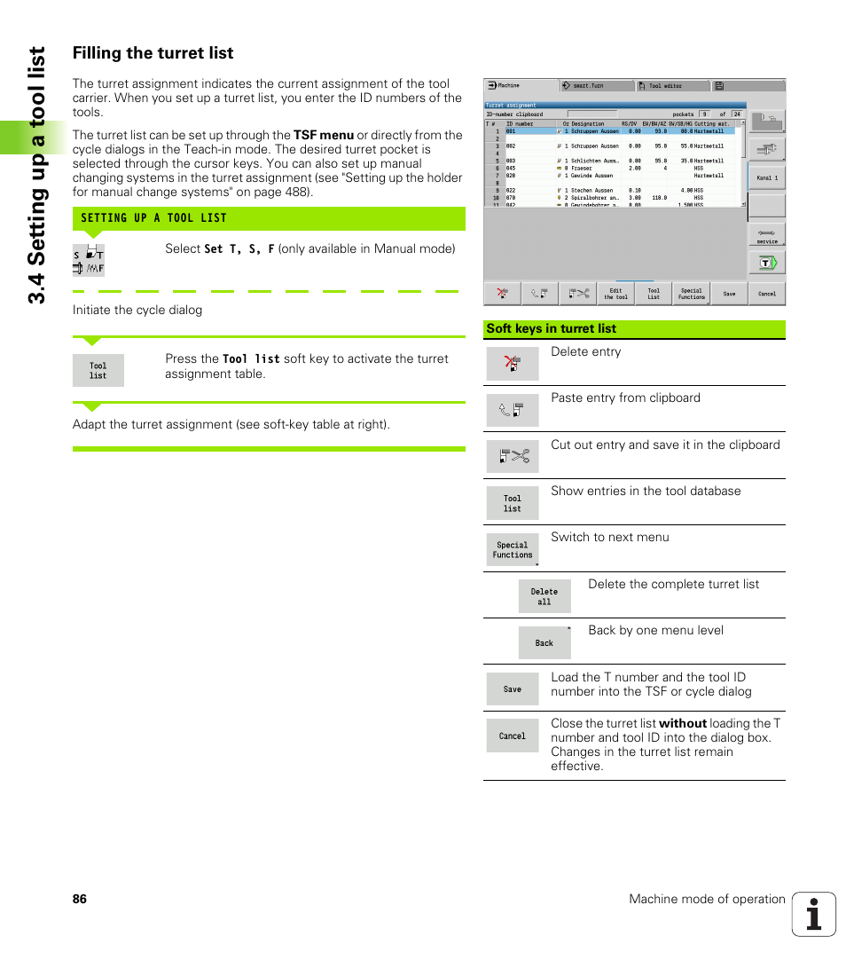 Filling the turret list, 4 set ting up a t ool list | HEIDENHAIN SW 548328-05 User Manual | Page 86 / 599