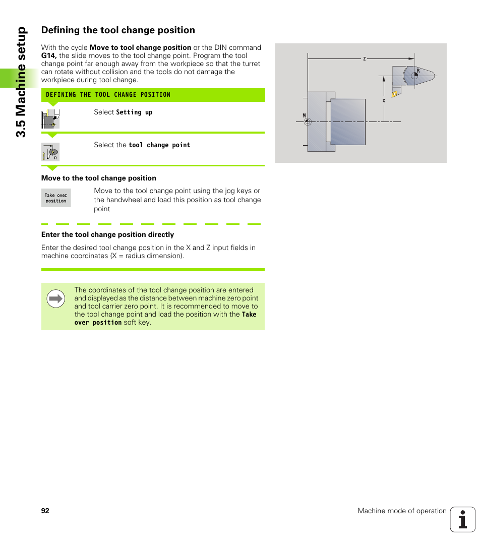Defining the tool change position, 5 mac h ine set u p | HEIDENHAIN SW 548328-05 User Manual | Page 92 / 599