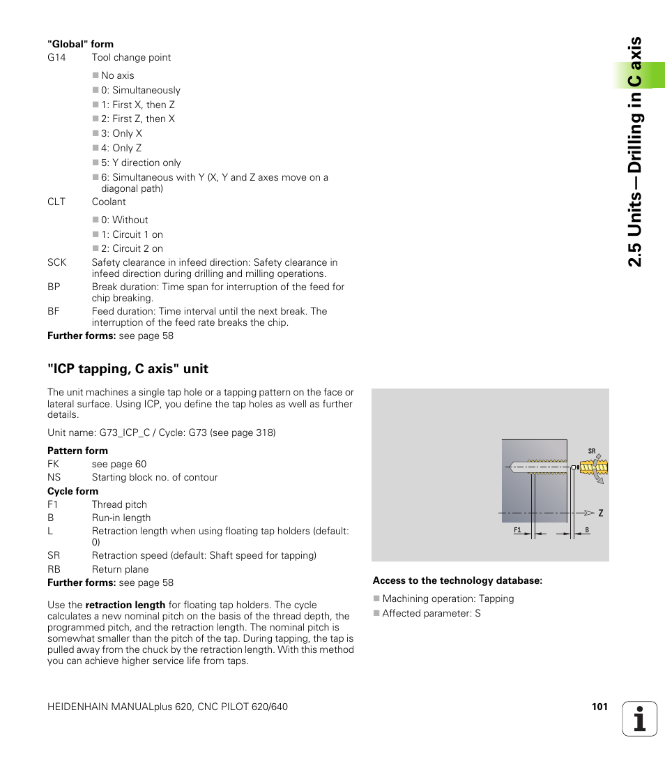 Icp tapping, c axis" unit, 5 units—dr illing in c axis | HEIDENHAIN SW 548328-05 DIN Programming User Manual | Page 101 / 598