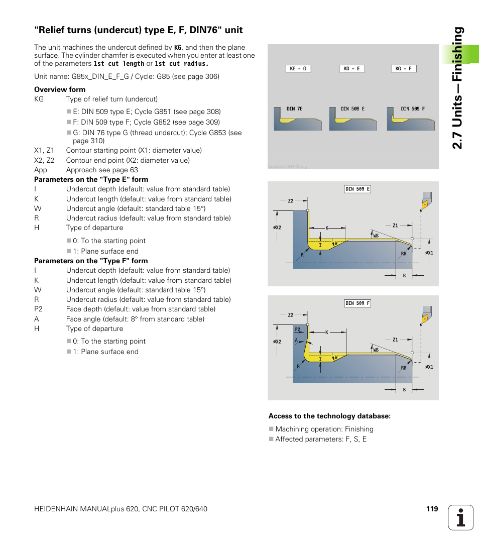 Relief turns (undercut) type e, f, din76" unit, 7 units—finishing | HEIDENHAIN SW 548328-05 DIN Programming User Manual | Page 119 / 598