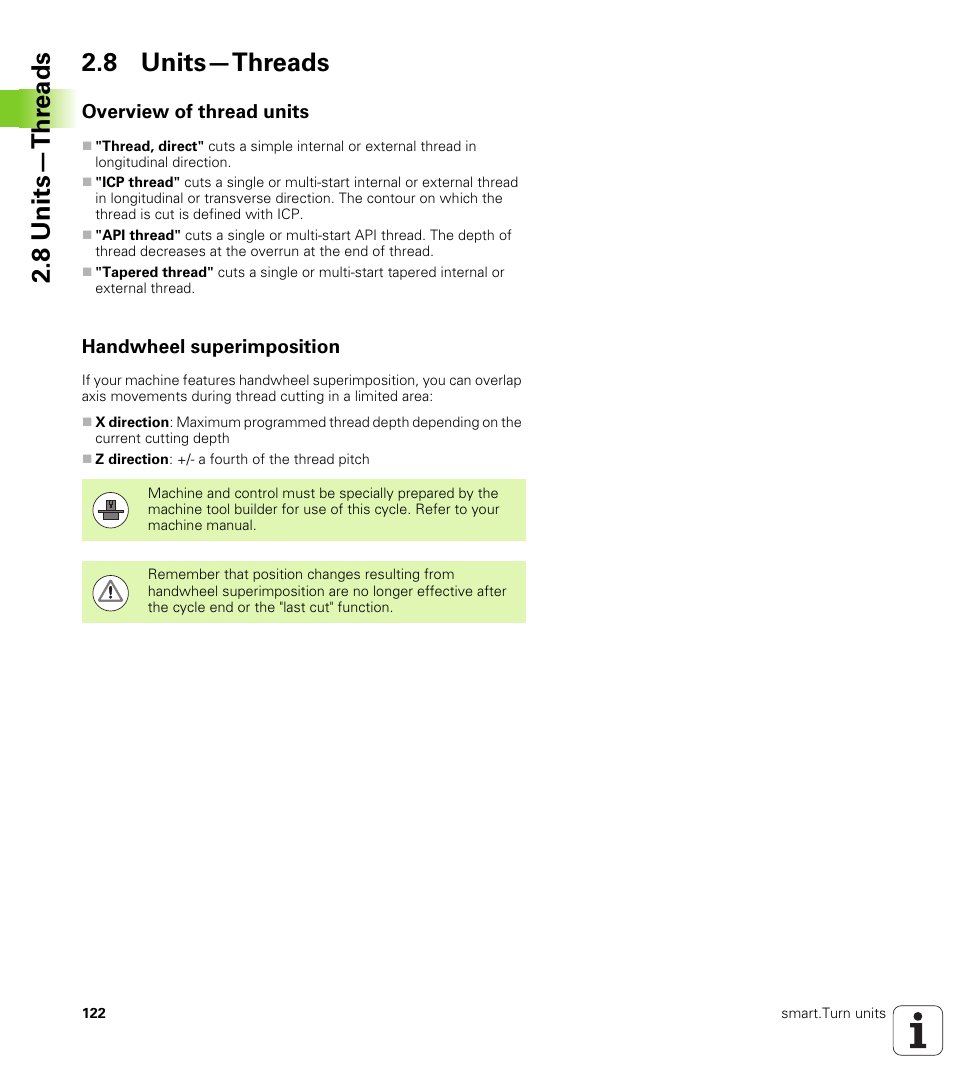 8 units—threads, Overview of thread units, Handwheel superimposition | Overview of thread units handwheel superimposition, 8 units—thr eads 2.8 units—threads | HEIDENHAIN SW 548328-05 DIN Programming User Manual | Page 122 / 598
