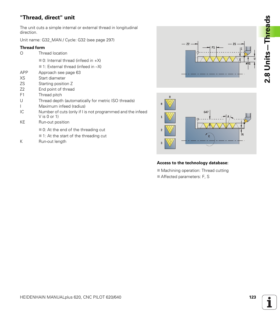 Thread, direct" unit, 8 units—thr eads | HEIDENHAIN SW 548328-05 DIN Programming User Manual | Page 123 / 598
