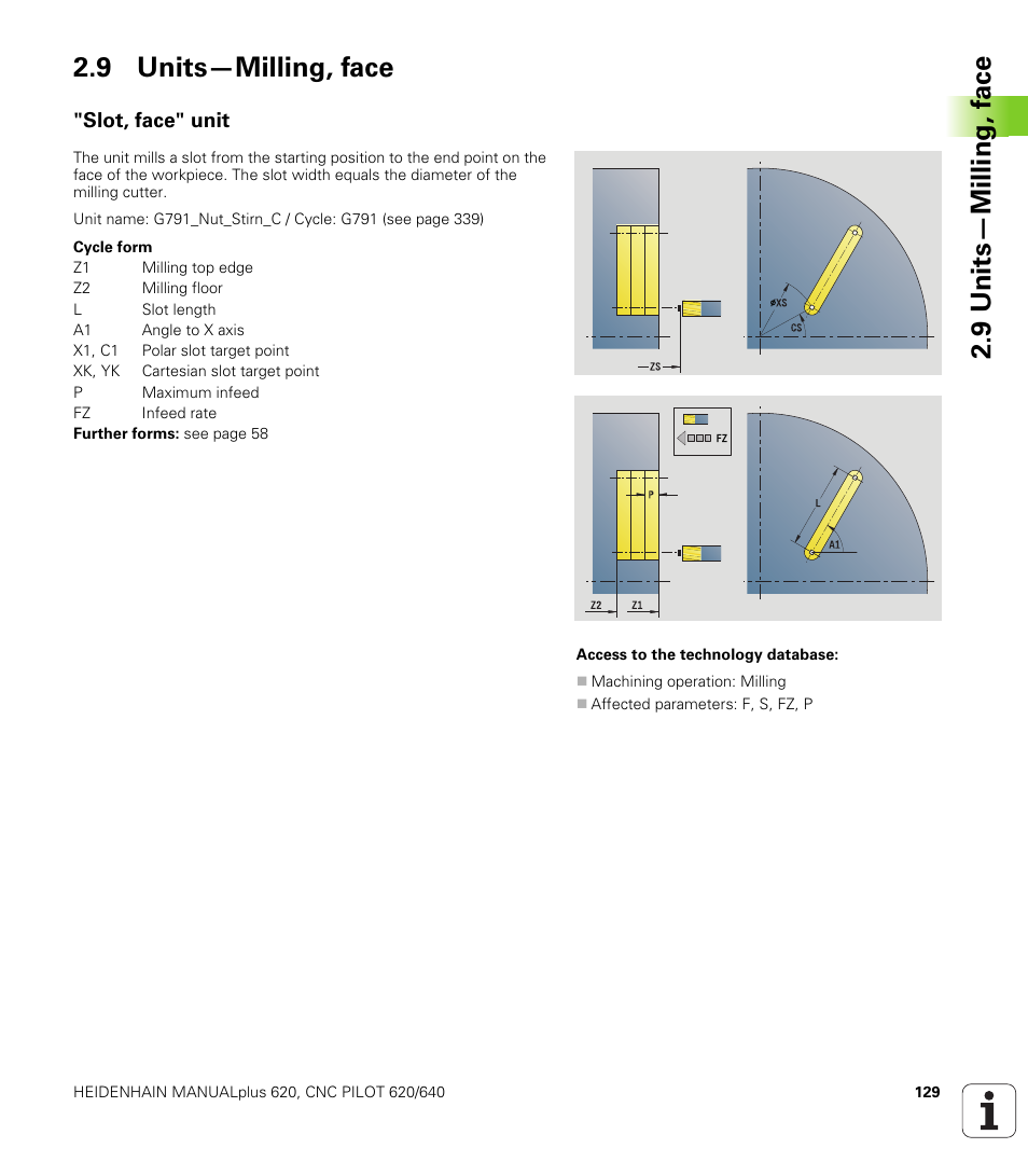 9 units—milling, face, Slot, face" unit, 9 units—milling, f a ce 2.9 units—milling, face | HEIDENHAIN SW 548328-05 DIN Programming User Manual | Page 129 / 598