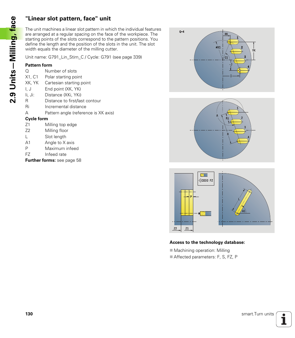 Linear slot pattern, face" unit, 9 units—milling, f a ce | HEIDENHAIN SW 548328-05 DIN Programming User Manual | Page 130 / 598