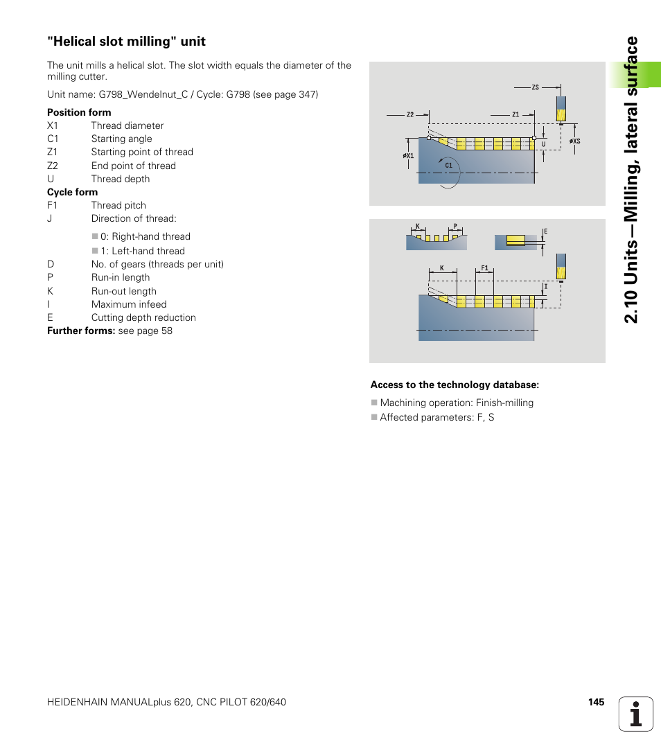 Helical slot milling" unit, 1 0 units—milling, lat e ra l surf ace | HEIDENHAIN SW 548328-05 DIN Programming User Manual | Page 145 / 598