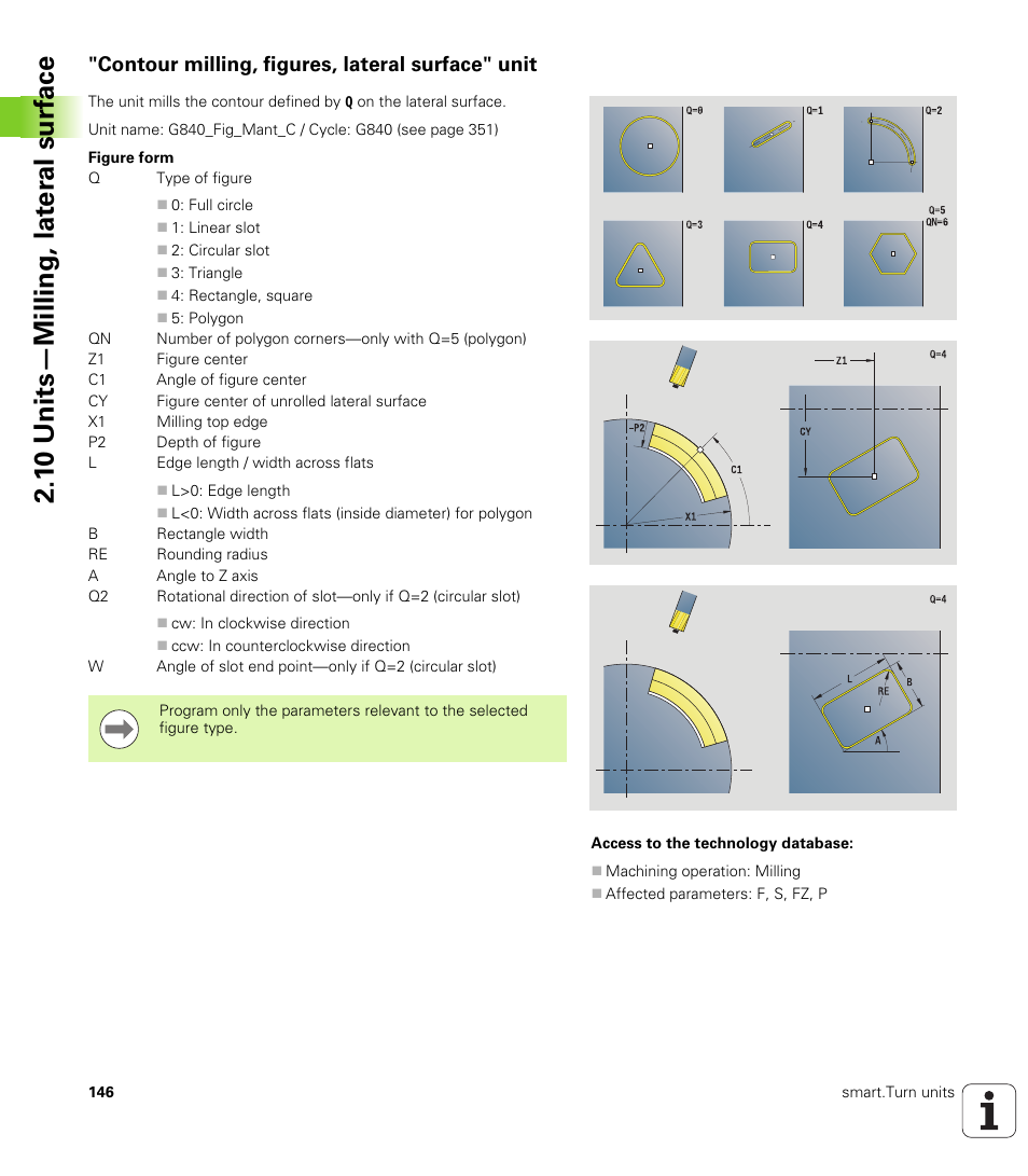 Contour milling, figures, lateral surface" unit, 1 0 units—milling, lat e ra l surf ace | HEIDENHAIN SW 548328-05 DIN Programming User Manual | Page 146 / 598