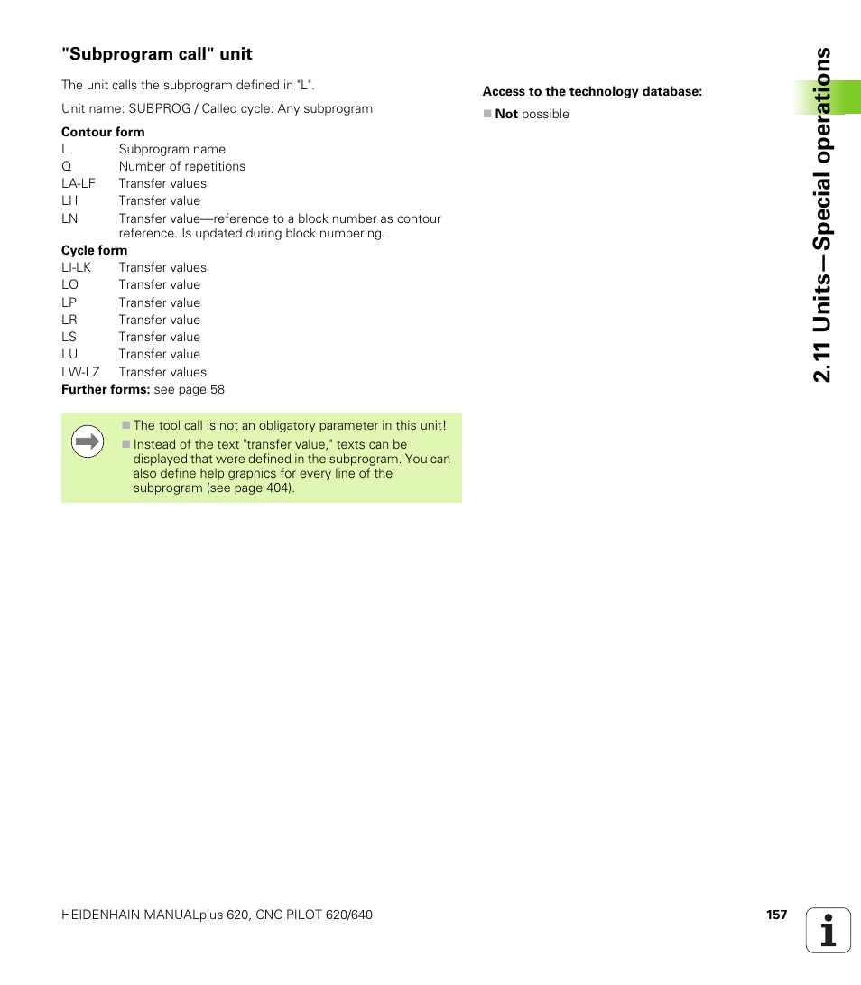 Subprogram call" unit, 1 1 units—special oper ations | HEIDENHAIN SW 548328-05 DIN Programming User Manual | Page 157 / 598