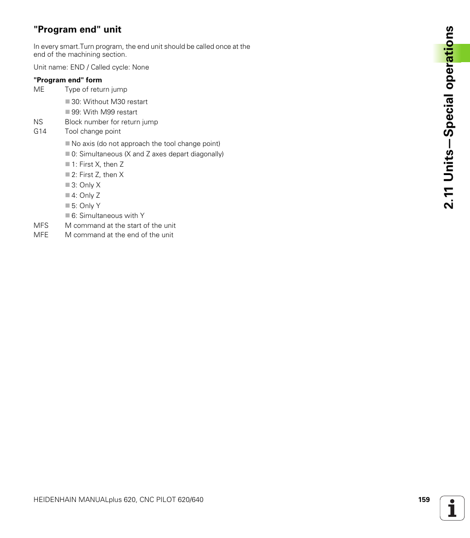 Program end" unit, 1 1 units—special oper ations | HEIDENHAIN SW 548328-05 DIN Programming User Manual | Page 159 / 598