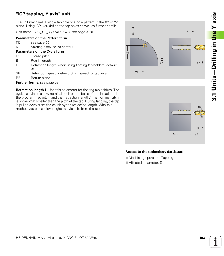 Icp tapping, y axis" unit, 1 units—dr illing in the y axis | HEIDENHAIN SW 548328-05 DIN Programming User Manual | Page 163 / 598