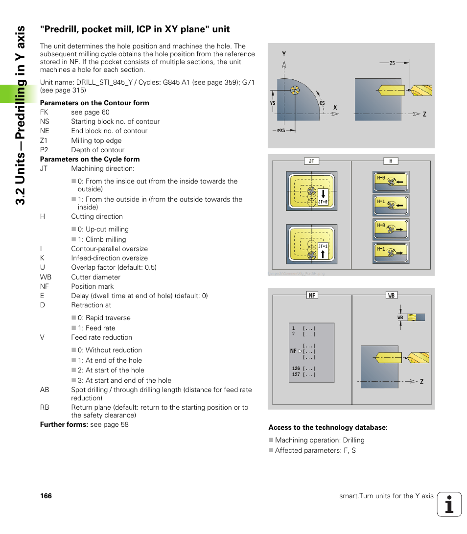 Predrill, pocket mill, icp in xy plane" unit, 2 units—pr e dr illing in y axis | HEIDENHAIN SW 548328-05 DIN Programming User Manual | Page 166 / 598