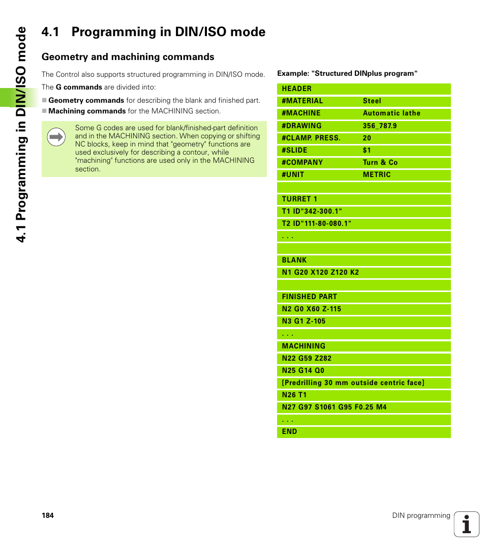 1 programming in din/iso mode, Geometry and machining commands | HEIDENHAIN SW 548328-05 DIN Programming User Manual | Page 184 / 598