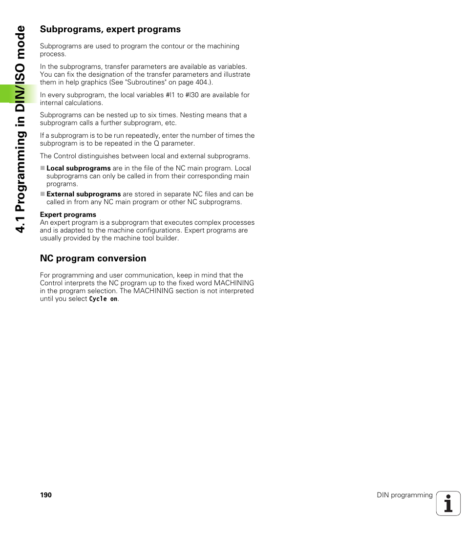 Subprograms, expert programs, Nc program conversion, Subprograms, expert programs nc program conversion | 1 pr ogr amming in din/iso mode | HEIDENHAIN SW 548328-05 DIN Programming User Manual | Page 190 / 598