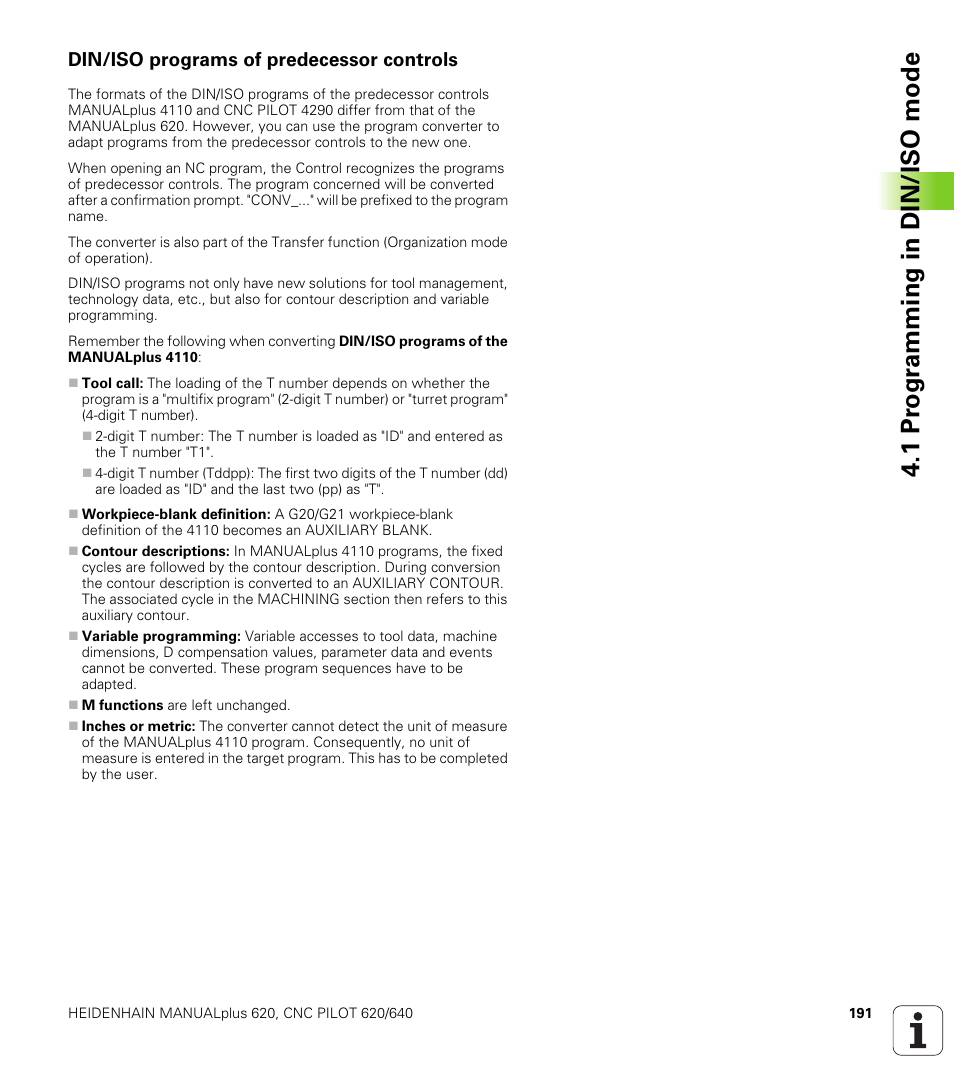 Din/iso programs of predecessor controls, 1 pr ogr amming in din/iso mode | HEIDENHAIN SW 548328-05 DIN Programming User Manual | Page 191 / 598
