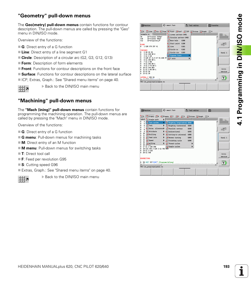 Geometry" pull-down menus, Machining" pull-down menus, 1 pr ogr amming in din/iso mode | HEIDENHAIN SW 548328-05 DIN Programming User Manual | Page 193 / 598