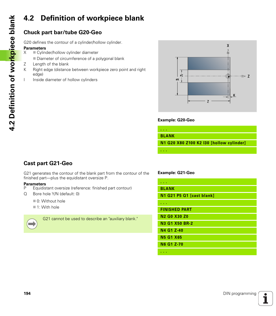 2 definition of workpiece blank, Chuck part bar/tube g20-geo, Cast part g21-geo | Chuck part bar/tube g20-geo cast part g21-geo | HEIDENHAIN SW 548328-05 DIN Programming User Manual | Page 194 / 598