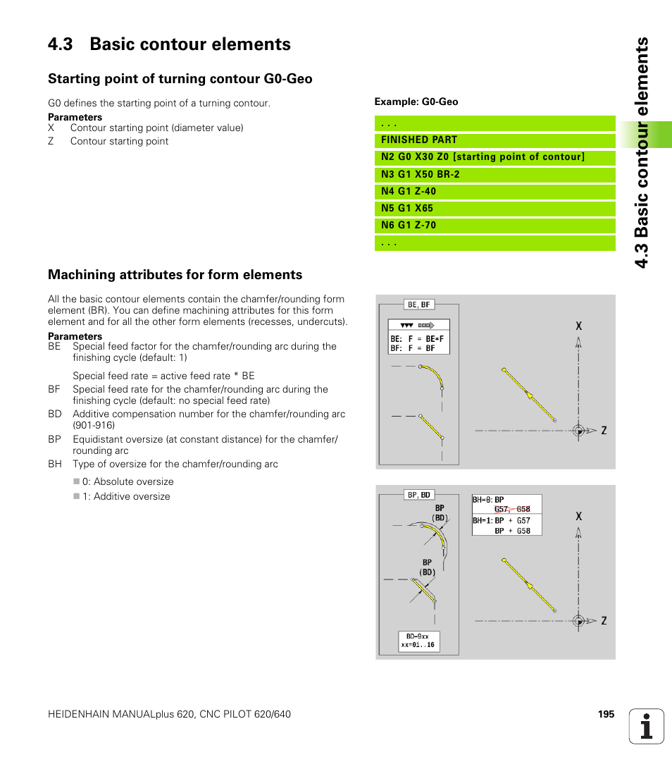 3 basic contour elements, Starting point of turning contour g0-geo, Machining attributes for form elements | HEIDENHAIN SW 548328-05 DIN Programming User Manual | Page 195 / 598