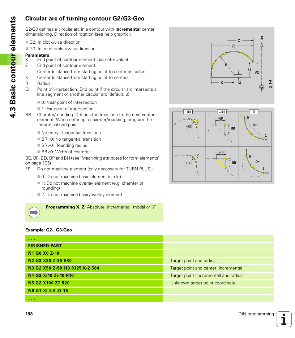 Circular arc of turning contour g2/g3-geo, 3 basic cont our elements | HEIDENHAIN SW 548328-05 DIN Programming User Manual | Page 198 / 598